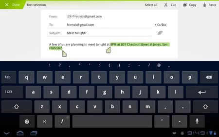 Android Honeycomb はテキスト選択にも改善をもたらしました。システムキーボードも新デザイン。