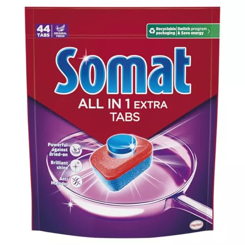 Somat Todo en 1 Extra Pastillas (1 x 45 tabs), detergente lavavajillas anti-olor para vajilla, pastillas lavavajillas para ciclos eco y cortos, eliminan la suciedad incrustada