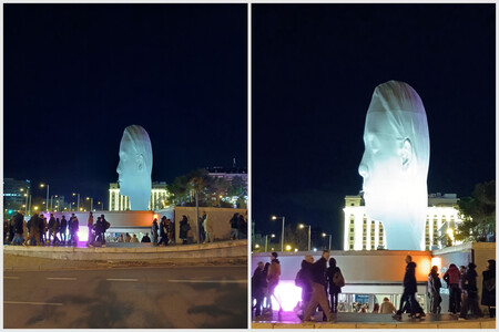Foto nocturna de la escultura Julia de Jaume Plensa, con y sin zoom