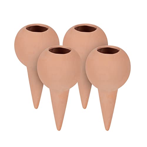 Relaxdays 4 Picos Riego Macetas y Jardineras, Conos Arcilla Regar Plantas con Abertura para Botellas 1,5 l, Terracota, Cerámica