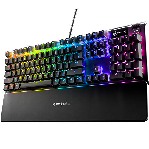 SteelSeries Apex 5 Teclado mecánico híbrido para Juegos – Iluminación RGB por tecla – Marco de aleación de Aluminio de Grado aeronáutico – Pantalla Inteligente OLED (Interruptor Azul híbrido)