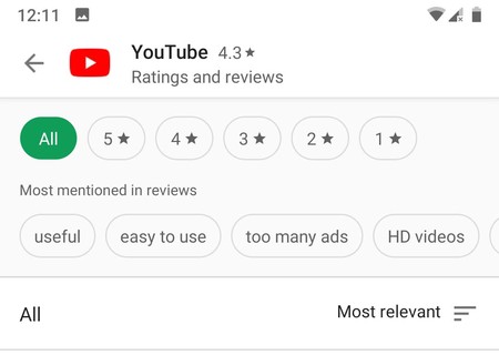 Google Play prueba un filtro de estrellas para ordenar los comentarios de cada app