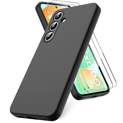 Vansdon Funda Compatible con Samsung Galaxy S24 FE, 2 Unidades Protector Pantalla Cristal Templado, Silicona Líquida Gel Ultra Suave Funda- Negro