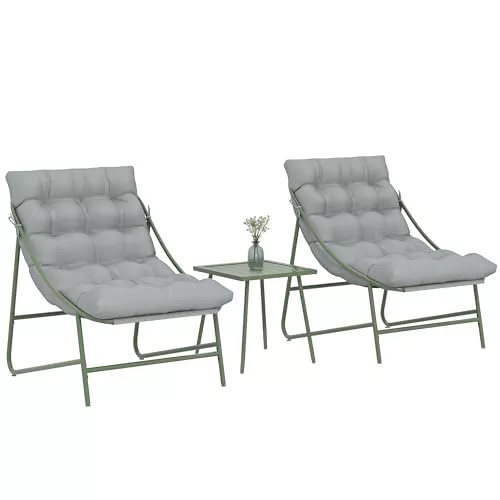 Outsunny Conjunto de Mesa y Sillas de Terraza Exterior de 3 Piezas, Muebles de Jardín Exterior con Cojines, 2 Sillas Lounge, Mesa de Café y Estructura de Acero, para Patio, Gris Claro