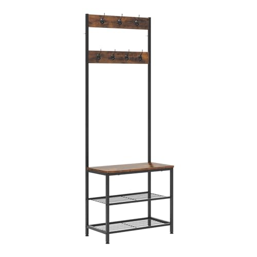 WOLTU Perchero Zapatero Perchero de Estilo Industrial con Banco 7 Ganchos Madera y Acero Marrón Oscuro SR0114dc