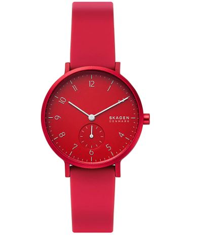 Skagen Aaren Kulor para mujer, tamaño de caja de 36 mm, reloj de aluminio de tres manecillas con correa de silicona