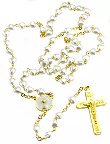 Fatima Store Rosario Mi Primera Comunión con Corazones de Nácar, Medalla con el Cáliz y Cruz Dorada. Incluye Bolsita Rosa con Cruces Estampadas. Regalos para Primera Comunión niña.