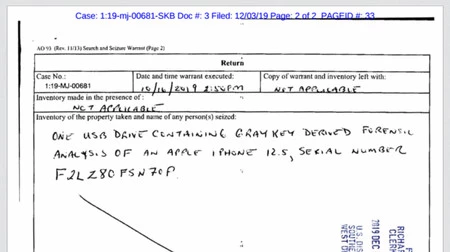 GrayKey ツールと iPhone 12.5 (iPhone 11 Pro Max) について言及している警察文書の一部。