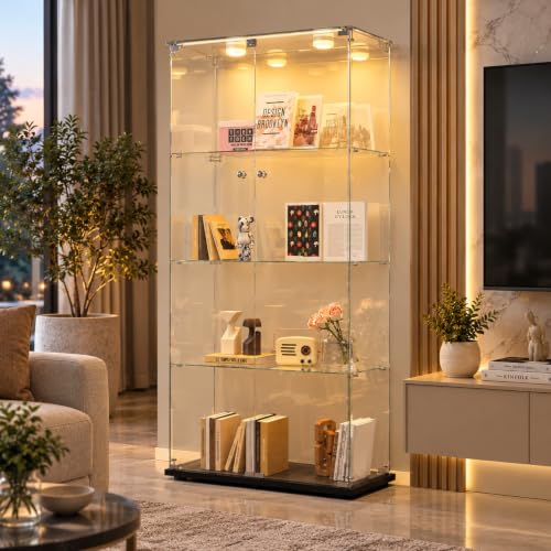 Vitrina de cristal de pie con LED, 4 capas de cristal, madera y cristal, 2 puertas y cerradura (negro, 4 pisos, 2 puertas, 1 LED)