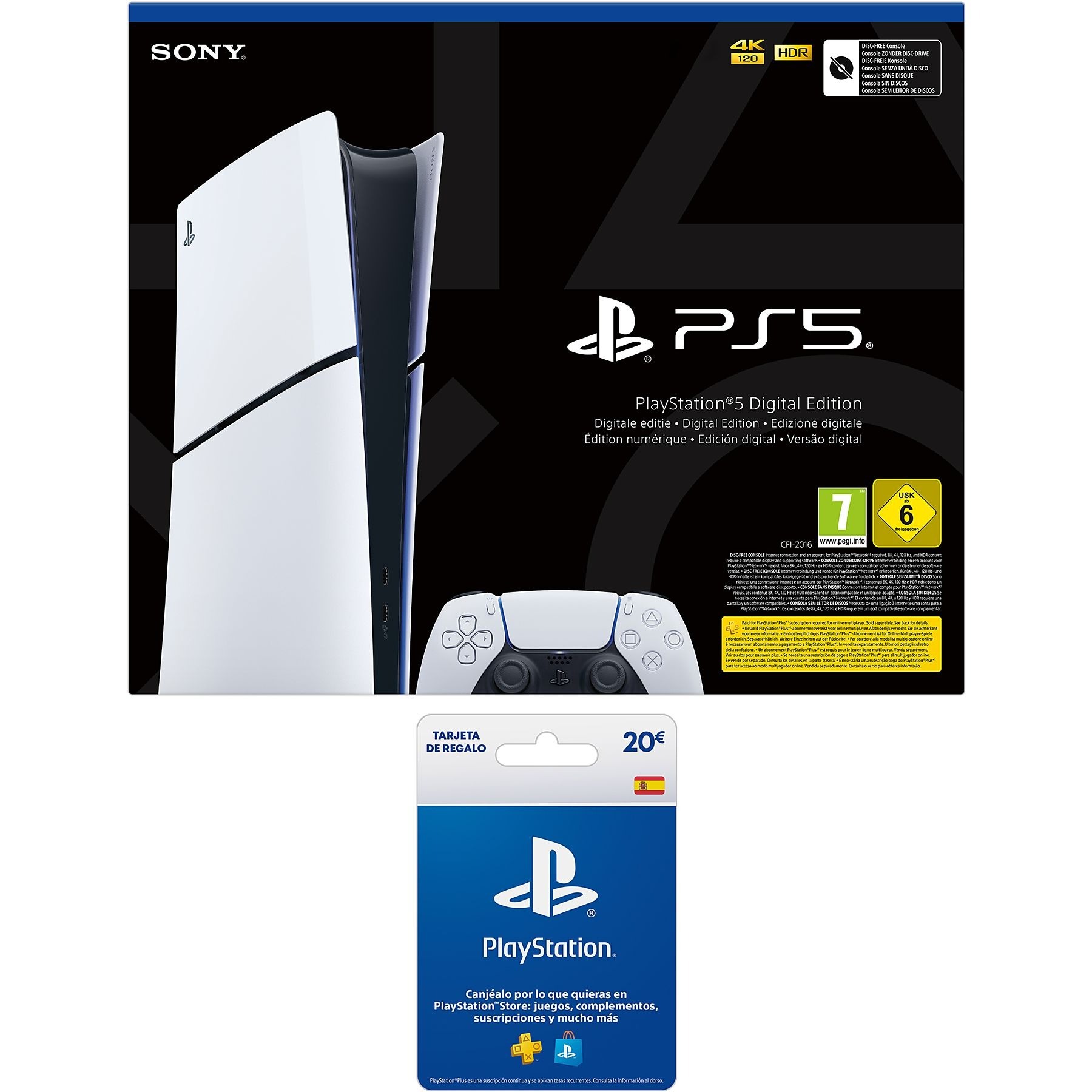 Consola - Sony PS5 Slim Digital Edition, 825 GB SSD, 4K, Chasis D, Blanco + Tarjeta PS Plus 20€