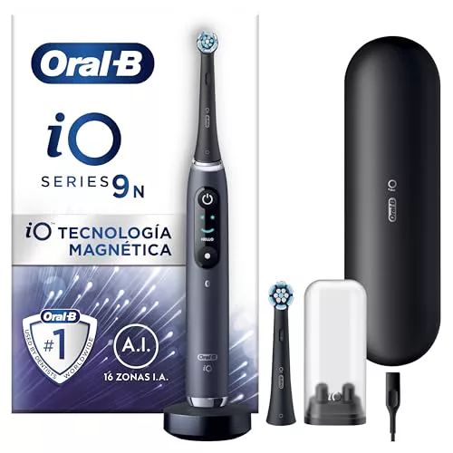 Oral-B iO 9N Cepillo de Dientes Eléctrico Negro con Mango Recargable, 2 Cabezales y Estuche Cargador de Viaje, 7 Modos De Cepillado Incluso Blanqueamiento Dental, Sensor De Presión, Diseñado por Braun