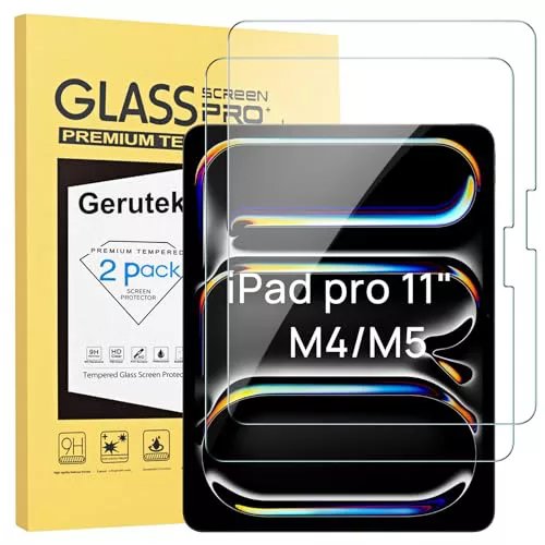 Gerutek [2 Piezas Protector Pantalla para iPad Pro 11 Pulgadas M5/M4 (2025/2024 Modelo), Dureza 9H, HD Transparente, Antiarañazos, Sin burbujas, Antihuellas, Cristal Templado para iPad Pro 11" M5