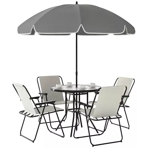 Outsunny Conjunto de Mesa y Sillas Jardín de 6 Piezas Muebles de Jardín Exterior con 4 Sillas Plegables Mesa de Vidrio y Sombrilla para Terraza Patio Crema
