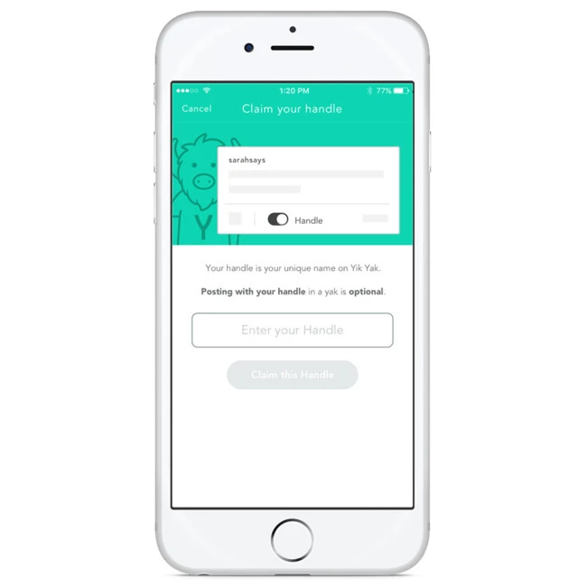 Yik Yak handle setup with a sarahsays example, a Handle toggle, and text saying posting with a handle is optional