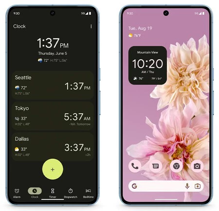 新しいアップデートによる時計アプリは次のようになります。右側は天気予報を表示するウィジェットです。 Google画像