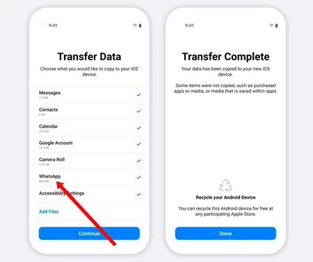 すべての WhatsApp を移動するオプションを備えた「iOS に移動」インターフェース