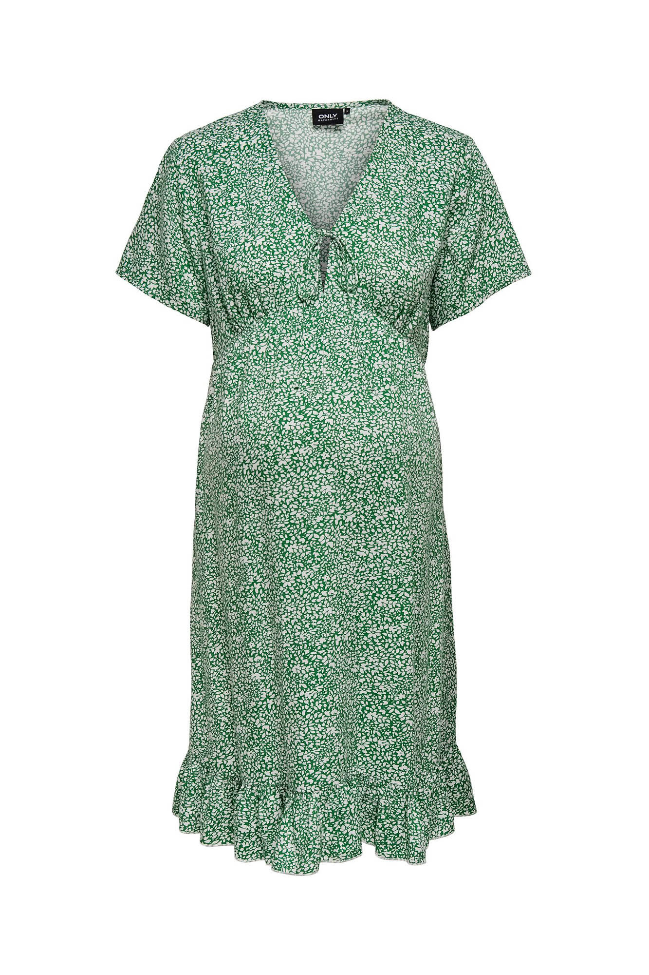 Vestido maternity con cuello pico, corte midi y manga corta. Detalle de lazo en la parte delantera.