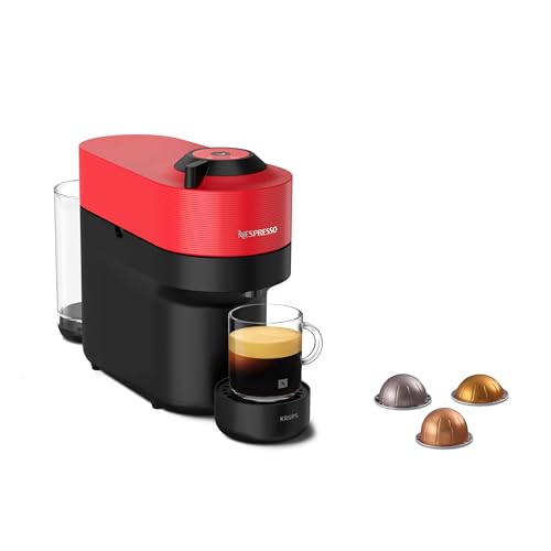 Krups Nespresso VERTUO Pop XN9205 - Cafetera de cápsulas, máquina de café expreso, 4 tamaños tazas, tecnología Centrifusion, 35 % plástico reciclado, Color Rojo