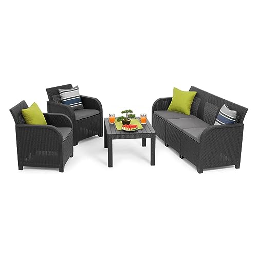 KETER - Conjunto de Jardín Sanremo con Dos sillones y sofá de 3 plazas con Mesa Auxiliar, Resina imitación ratán Trenzado.