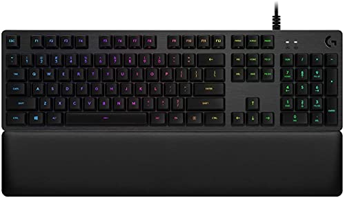 Logitech G513 Teclado Gaming Mecánico con Reposamuñecas, RGB LIGHTSYNC, Teclas GX-Táctil Marrón, Aleación de Aluminio, Teclas F Personalizables, Paso de USB, Disposición QWERTY ES, Carbón y Negro