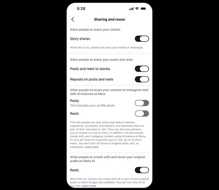 Ajustes para desactivar la reurilización de contenido en Instagram