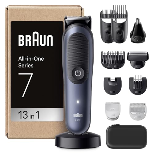 Braun Recortadora Todo En Uno Series 7 AIO7565, Kit De Styling 13en1 Para Barba, Pelo, Orejas, Nariz y Cuerpo, 14 Longitudes, 120 Min De Autonomía, Cortapelos Hombre Con Lámina Ultra Afilada, Azul
