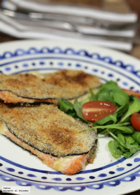 San Jacobos de berenjena rellena de salmón. Receta