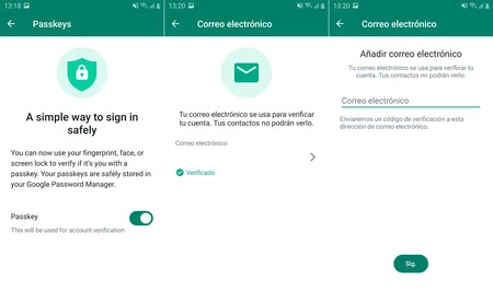 パスキーと WhatsApp の電子メール設定。どちらのオプションも準備中です