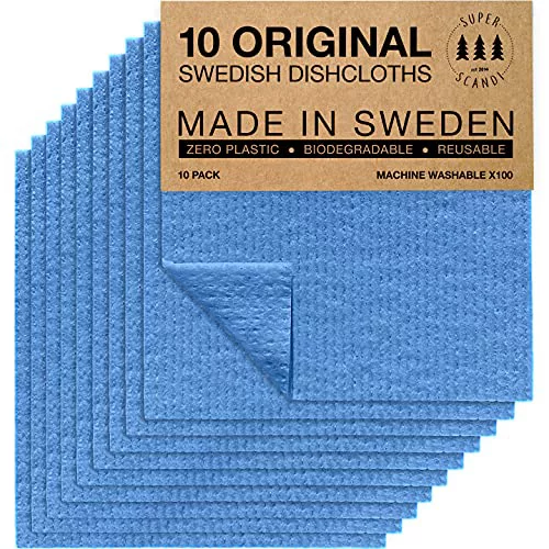 SUPERSCANDI 10 Piezas Paños de Cocina - 100% Biodegradables y Compostables | Trapos de Cocina Reutilizables, Aptos para Alimentos y Sin Plástico | Bayetas para Todas Las Superficies, Azul