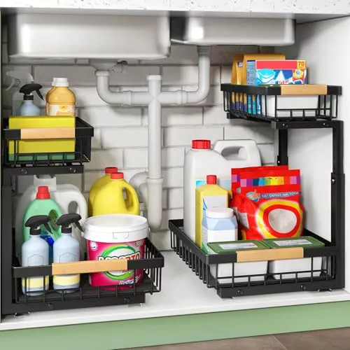 Kitstorack Metal 2 Paquete Organizador Fregadero, 2 Niveles Organizador Extraíble Estante Almacenamiento Debajo Fregadero Para Cocina, Baño, Negro
