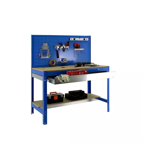 Simon Rack Banco de Trabajo Taller, Capacidad Carga 600 kg, 1445x1510x610 mm, Mesa de Trabajo, 1 Cajón, Azul/Madera - BT2