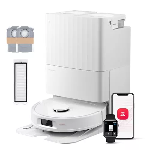 roborock QV 35S Set Robot Aspirador, Succión HyperForce de 10000 Pa con Base Multifuncional, Cepillos Dobles Antienredos, 2 Mopas Giratorias Elevación Automática de 10 mm, limpiar y secar auto, Blanco