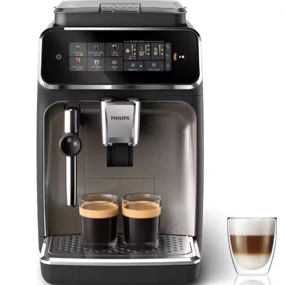 PHILIPS Serie 3300 Cafetera Superautomática, Espumador de leche clásico, 5 tipos de café, SilentBrew, Molinillo Cerámico, pantalla táctil, cromo negro (EP3326/90)