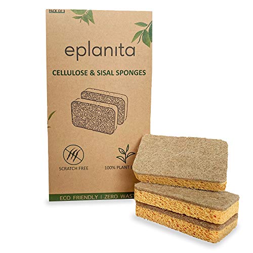 eplanita Natural Esponja de Celulosa y Sisal (Paquete de 3) Esponja de Limpieza Bio, Esponja de Cocina, Esponja de Lavar Platos, Esponja Biodegradable, Ecológica, Reutilizable y Sostenible