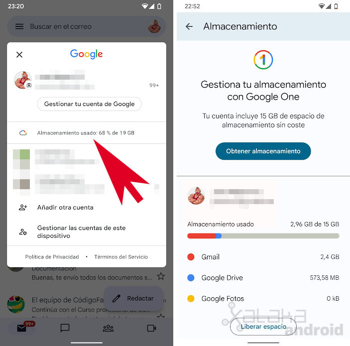 Gmail para Android estrena el indicador 'Almacenamiento usado' para que