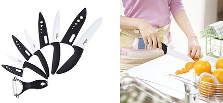 Cupón de 5 euros de descuento en el set de cuatro cuchillos de cerámica + pelador Kealive: aplicándolo cuesta 9,99 euros en Amazon