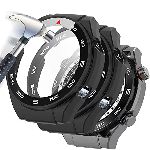 Acadeny 2 Piezas Funda con Vidrio Templado Compatible con Huawei Watch Ultimate, [Cubierta Completa] PC Case y Protector de Pantalla para -Negro+Negro