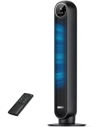 Dreo 20dB Ventilador de Pie Silencioso, Ventiladores de Torre con Velocidad de 7,6 m/s, 4 Velocidades, Rotación de 90°, Temporizador de 8 Horas, Pantalla LED y Mando a Distancia Incluido. Negro