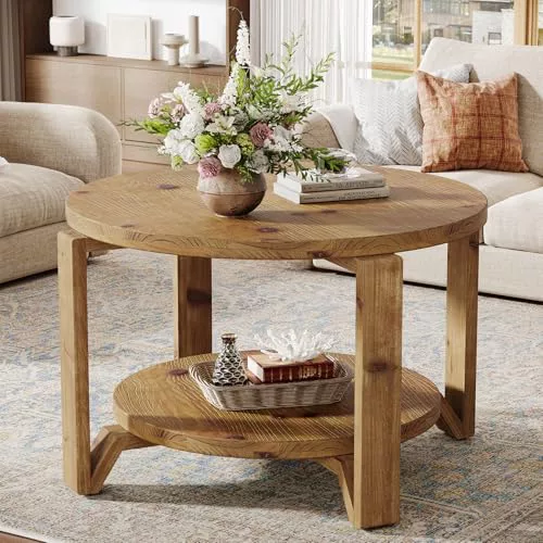 Tribesigns Mesa de Centro Redonda de Madera Maciza, 80cm