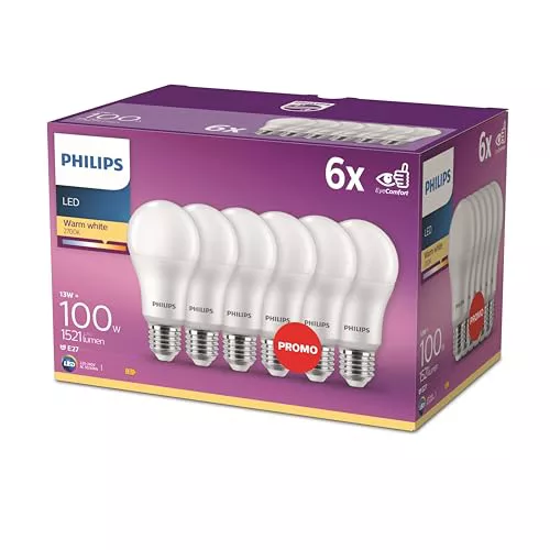 PHILIPS Bombilla LED A60 E27 2700K 1521lm 13W/100W Blanco, Pack de 6