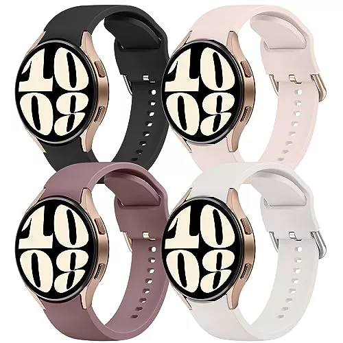 Mugust 4Pack Correas para Samsung Galaxy Watch 6/5/4 40mm 44mm/Watch 5 Pro 45mm/Watch 6 Classic 43mm 47mm/Watch 4 Classic 42mm 46mm Silicona Pulseras Mujer Hombre(Negro/Starlight/Rosa/Humo morado)