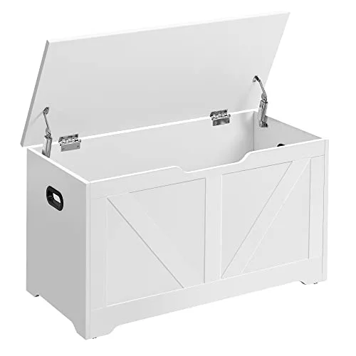 VASAGLE Puff Almacenaje, Banco Almacenaje con 2 Bisagras de Seguridad, Baúl Almacenaje, Banco Zapatero, Estilo de Campo, 40 x 80 x 46 cm, para Pasillo Dormitorio Salón, Blanco Nube LSB062T14