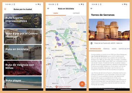 Capturas de pantalla mostrando las rutas disponibles en la app Visit València Guía oficial