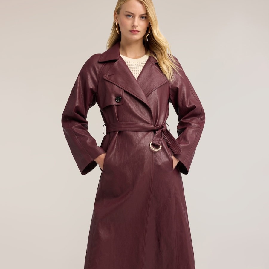 Trench de mujer con cinturón brillante con hebilla largo largo cierre cruzado con cinturón en la cintura y hebilla metálica - Motivi - Burdeos

