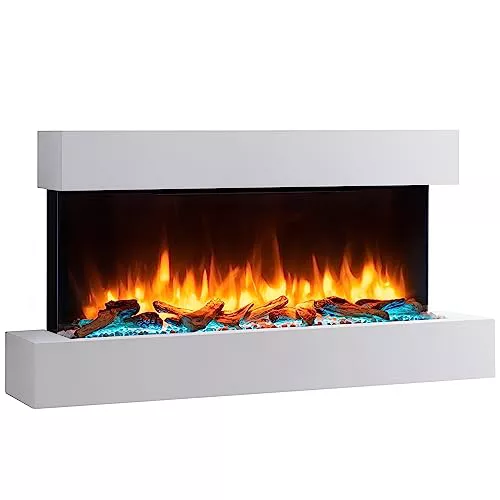 BALDERIA Chimenea Eléctrica de pared Ignis | Efecto de Llama 3D | Calentador, Calefacción 2000W | Iluminación ambiental LED | Mando a Distancia, Temporizador, Control de Arranque y Termostato | Blanco