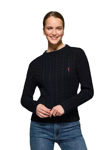 Polo Club Jersey para Mujer Estilo Trenzado con Cuello Redondo y Bordado 100% Algodón - Azul Marino Sweater -
