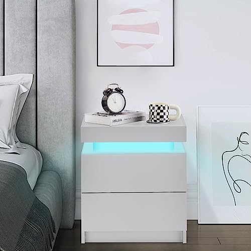 CLIPOP Mesita de Noche de Alto Brillo con 2 cajones con 16 Luces LED RGB, 2 cajones, mesita de Noche para salón, Dormitorio, Muebles (Blanco)