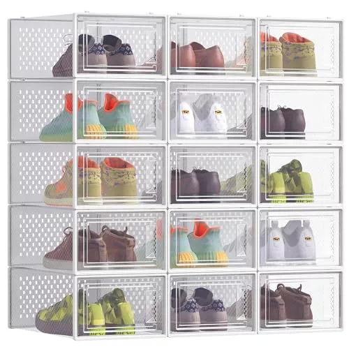 Songmics Cajas de Zapatos, Organizador de Zapatos de Plástico, Plegable y Apilable, pack de 15