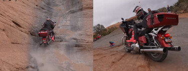 Se compra una Harley-Davidson de 400 kg y lo primero que hace es subir un acantilado mortal atado a una cuerda. Duele verlo 