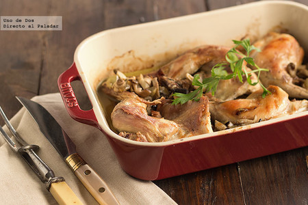 Conejo asado con setas variadas. Receta